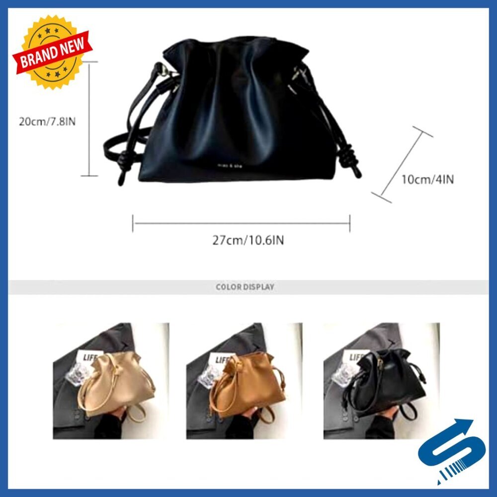 Minimalist Drawstring Bucket Bag Crossbody Pleated Chic Adjustable Strap - Picture 6 of 7